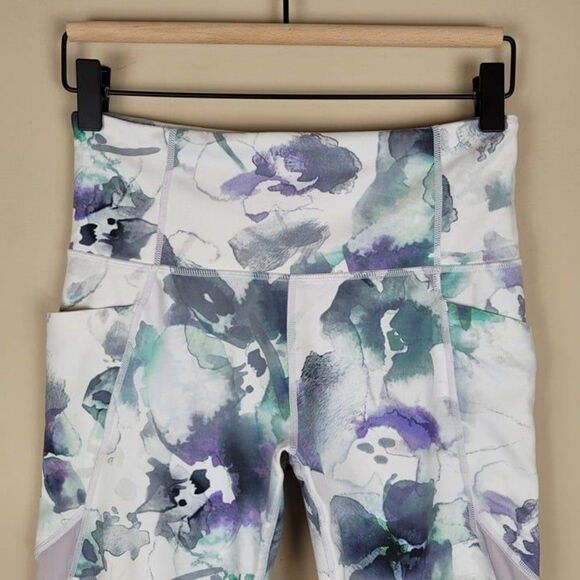 Athleta Size S Floral Mudra Capri Mesh Crop Leggings White Green Purple - Picture 5 of 12